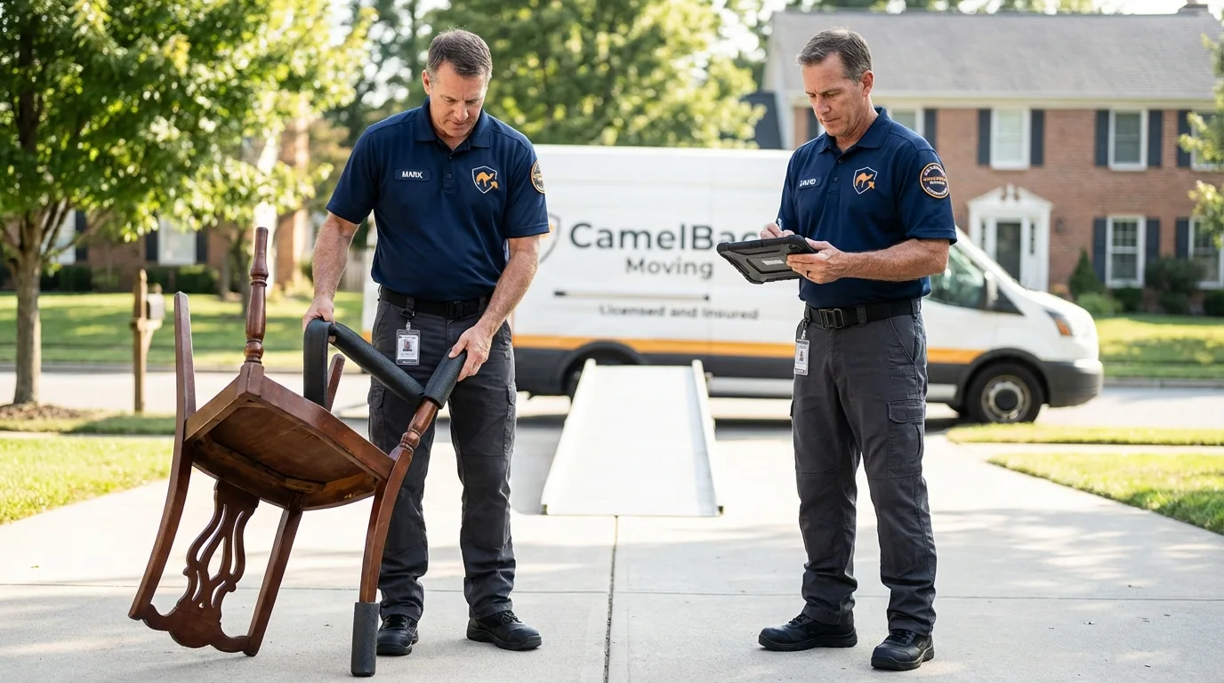 Movers inspecting furniture for damage prevention before loading in Vincent, AL